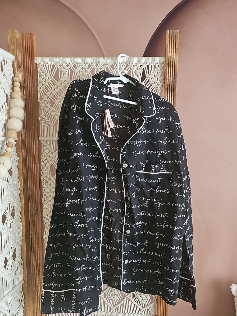 Victoria's Secret Black Script Button-Up Pajama Top with White Piping